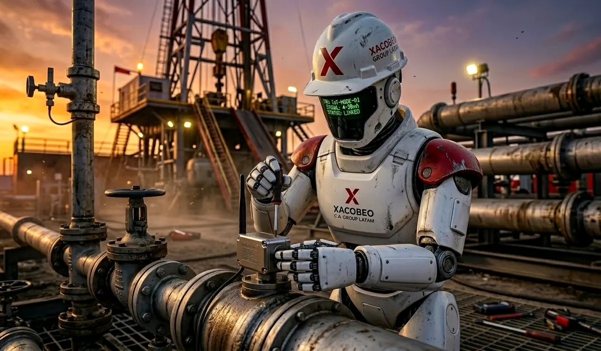 Robot Xacobeo ajustando válvula con herramienta en terminal